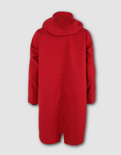 A bright red hooded coat shown from the back, photographed against a light gray studio background.