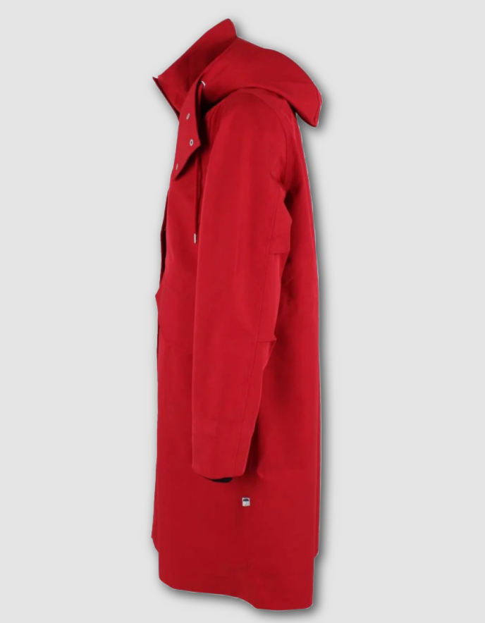 A bright red hooded parka coat shown in a side profile view against a light gray background.