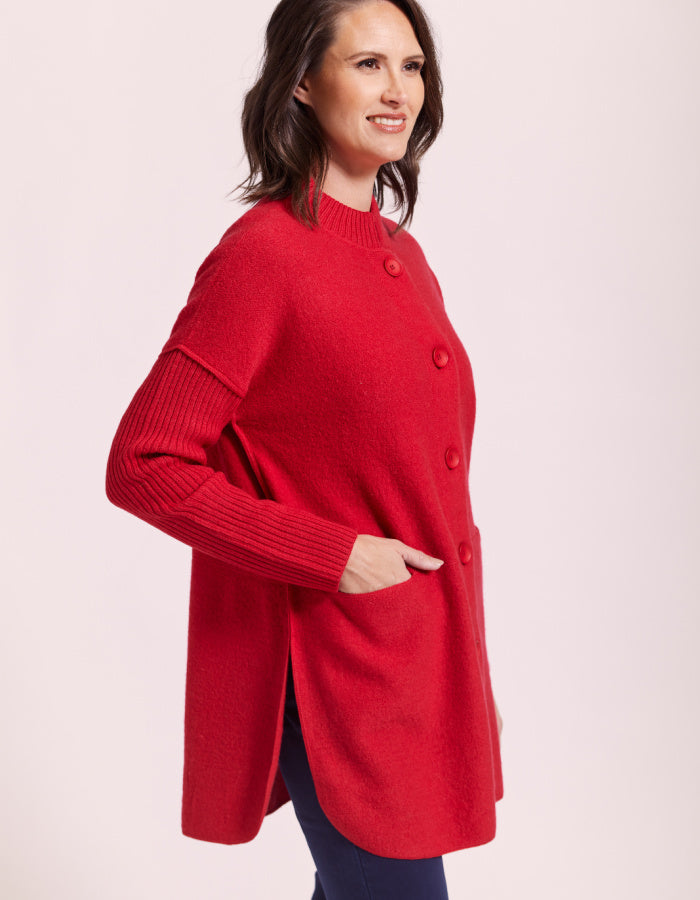 See Saw Ribbed Sleeve Coat in Red