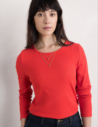 long sleeve cotton t shirt in red with ribbed texture and round neckline