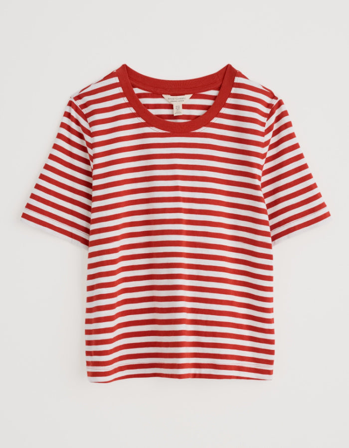 red and white organic cotton t shirt with boxy fit and shorter length