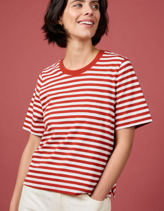 red and white organic cotton t shirt with boxy fit and shorter length