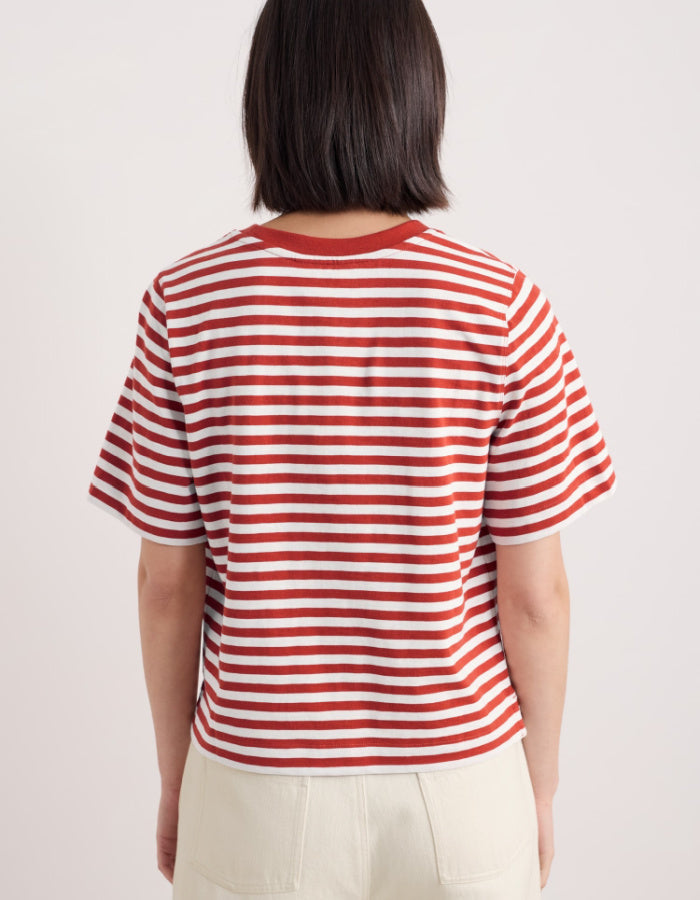 red and white organic cotton t shirt with boxy fit and shorter length