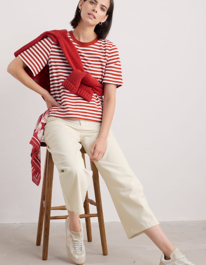 red and white organic cotton t shirt with boxy fit and shorter length