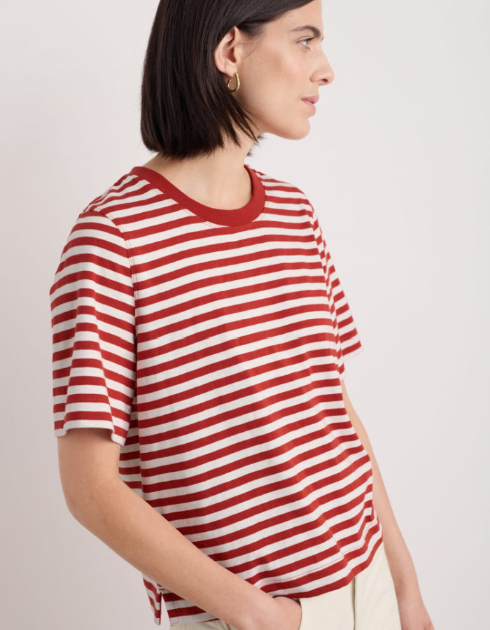 red and white organic cotton t shirt with boxy fit and shorter length