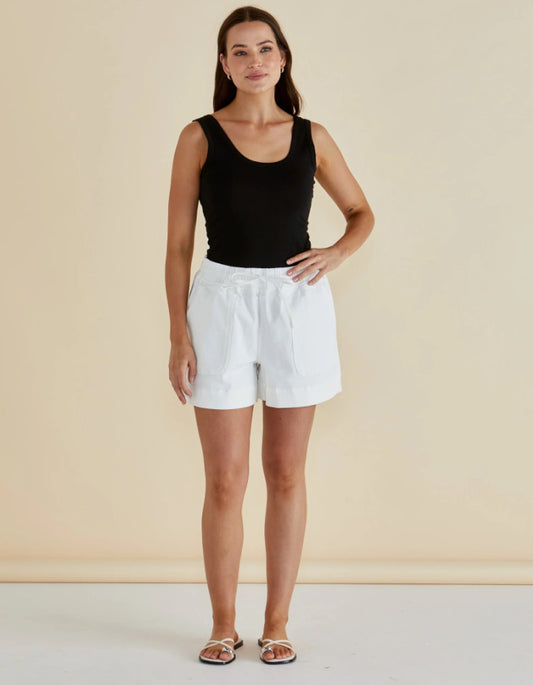 white denim shorts with elasticated waist