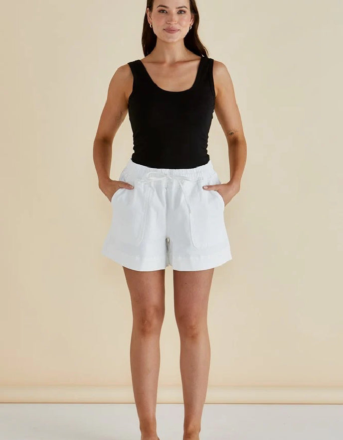 white denim shorts with elasticated waist