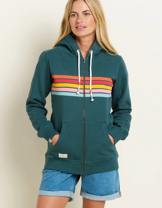teal hooded sweatshirt jacket with retro rainbow stripes across the front