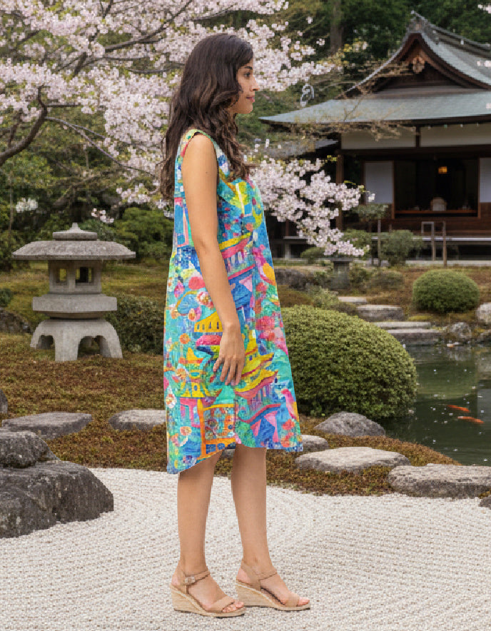 Woman in a colorful dress standing in a Japanese garden with cherry blossoms and a traditional building.