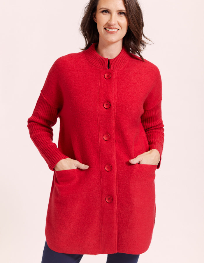 See Saw Ribbed Sleeve Coat in Red