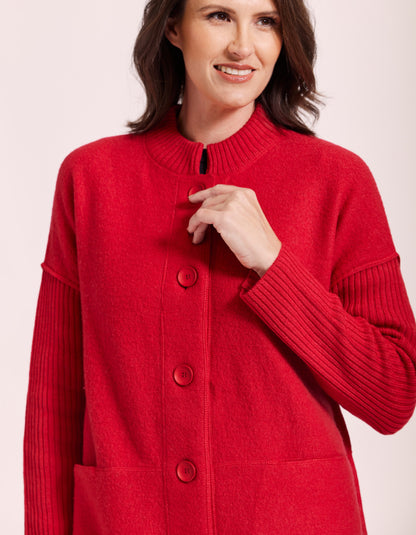 See Saw Ribbed Sleeve Coat in Red