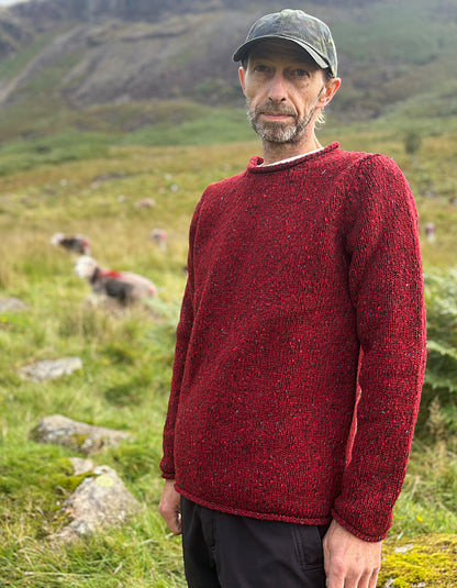 A man wearing a textured, chunky knit crewneck sweater in deep burgundy red, standing in an outdoor grassy field with sheep in the background.