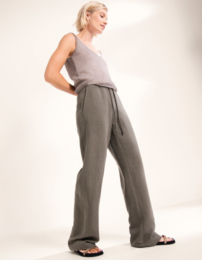 wide leg dark green linen viscose trousers