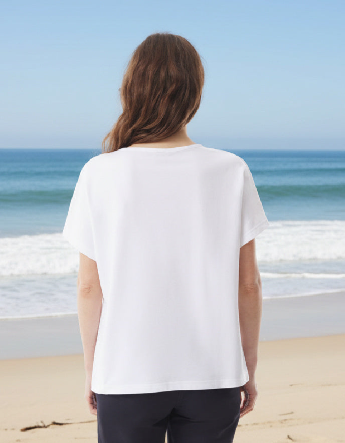 Person wearing a white shirt standing on a beach with ocean view