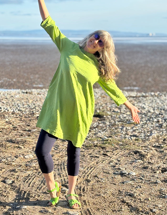 lime green linen tunic dress with 3/4 sleeves and pockets