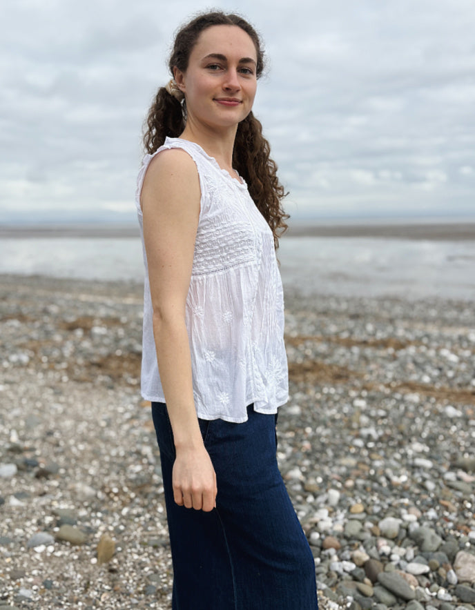 white cotton sleeveless embroidered top