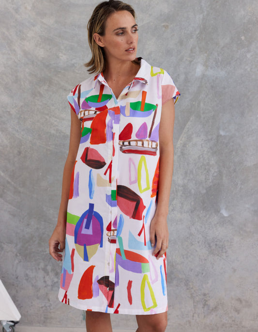 cotton sailboat  print shirt dress with capped sleeves