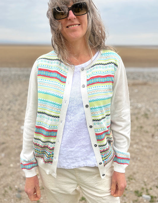 white summer cotton cardigan with fair isle design on the front in pastel bright shades