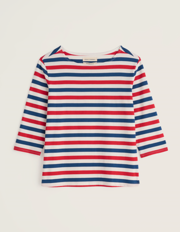 woman wearing striped red white and blue Breton striped cotton t shirt