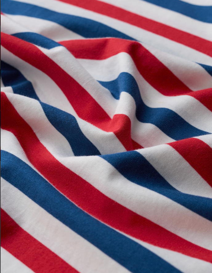 woman wearing striped red white and blue Breton striped cotton t shirt