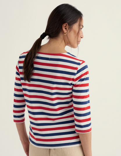 woman wearing striped red white and blue Breton striped cotton t shirt