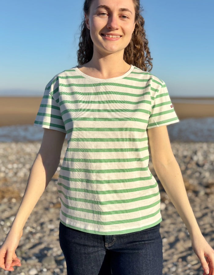 green and white striped cotton short sleeve t shirt