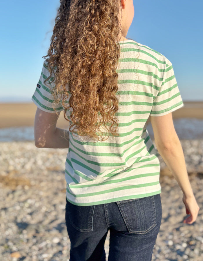 green and white striped cotton short sleeve t shirt