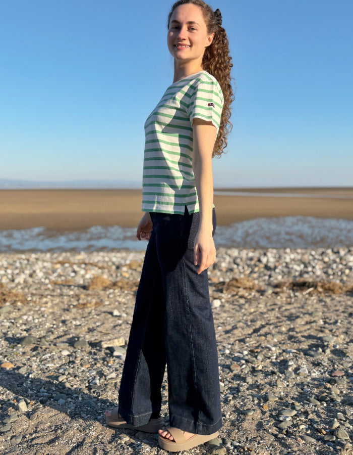 green and white striped cotton short sleeve t shirt