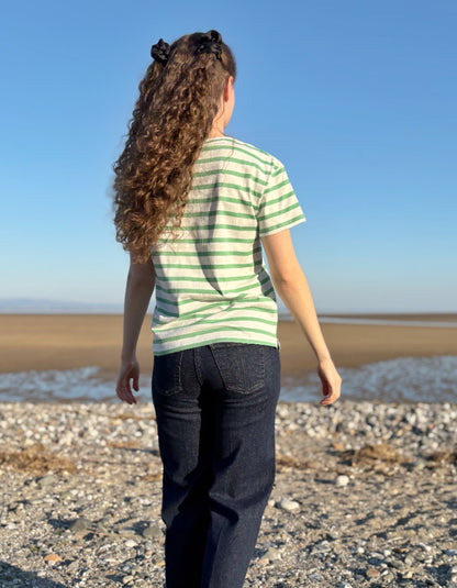 green and white striped cotton short sleeve t shirt
