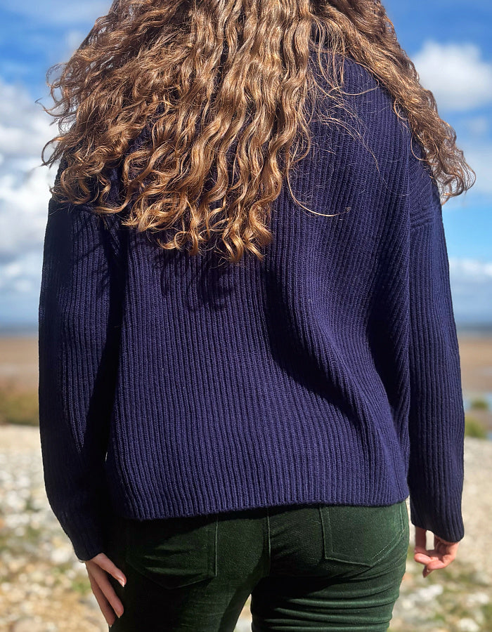 A person viewed from behind wearing a dark navy ribbed knit sweater and dark green pants, standing outdoors with a blue sky and clouds in the background.