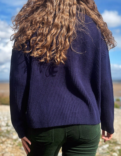 A person viewed from behind wearing a dark navy ribbed knit sweater and dark green pants, standing outdoors with a blue sky and clouds in the background.