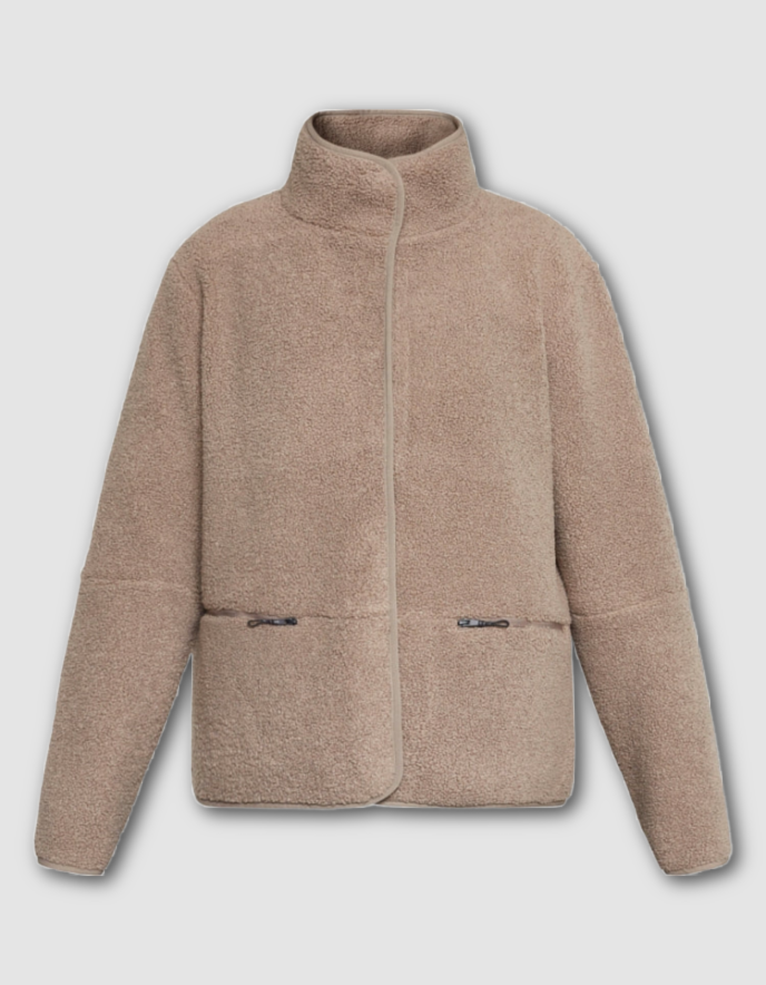 Beige fleece jacket on a light gray background