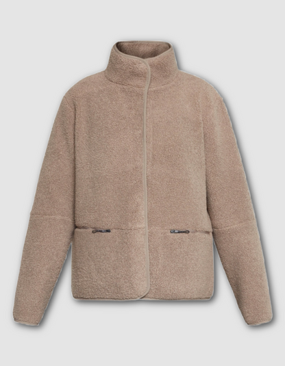 Beige fleece jacket on a light gray background