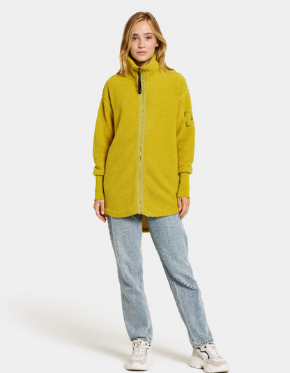 sunshine yellow longer length fleece jacket with full zip and deep cuffs, two side pockets
