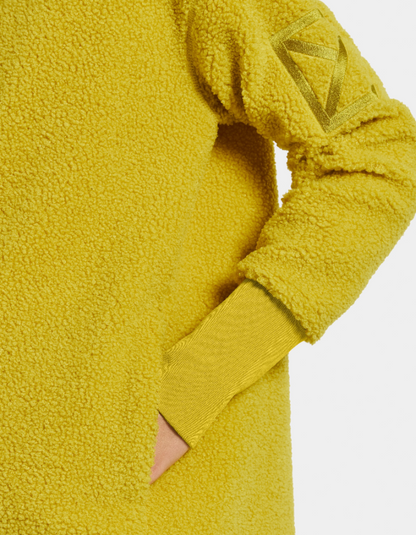 sunshine yellow longer length fleece jacket with full zip and deep cuffs, two side pockets