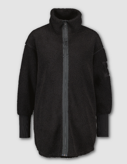 black longer length fleece jacket with full zip and deep cuffs, two side pockets