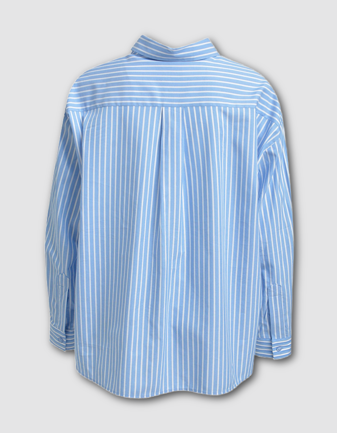 Blue and white striped shirt on a light gray background