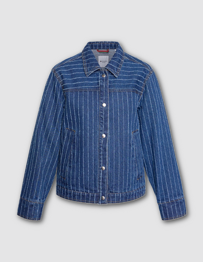 Blue denim jacket on a light gray background