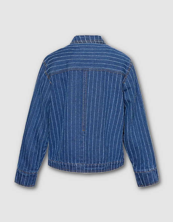 Blue denim jacket with pinstripes on a light gray background