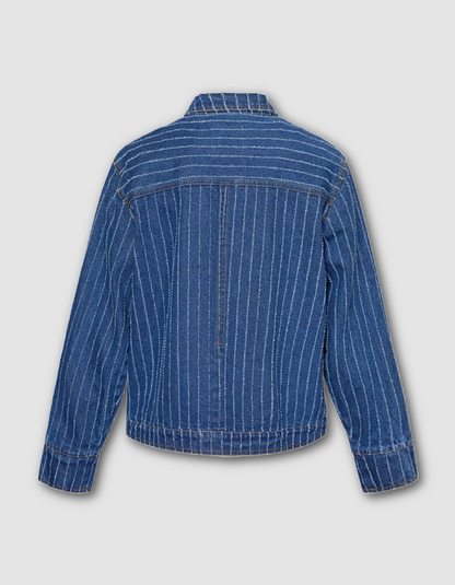 Blue denim jacket with pinstripes on a light gray background
