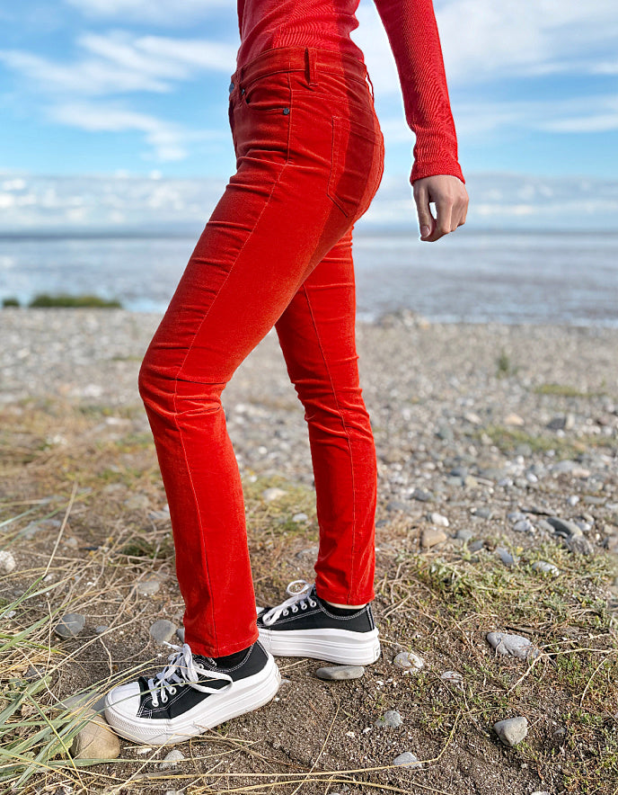 orange velvet slim fit jeans