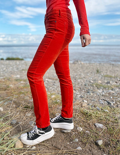 orange velvet slim fit jeans