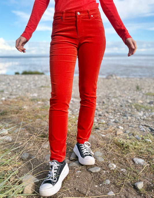 orange velvet slim fit jeans