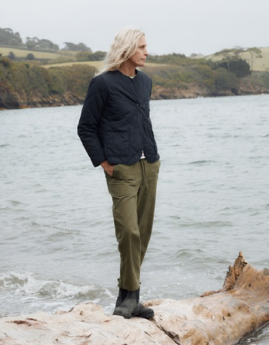 Person standing by a body of water wearing a dark jacket and green pants.