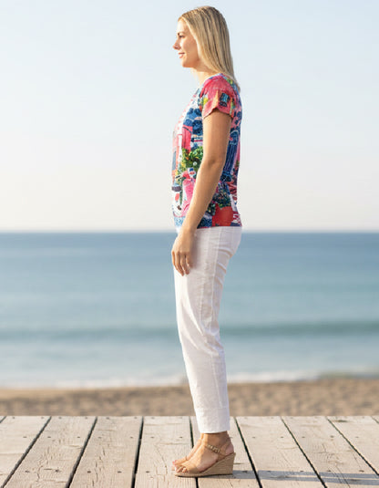 woman wearing pink cotton t shirt with scooter print