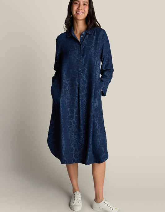 tencel denim shirt dress midi length with abstract floral print