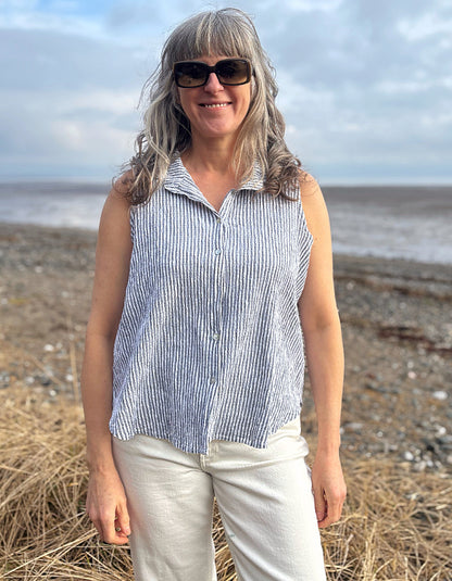 Cut Loose Crinkle Stripe Shirt Tank in White