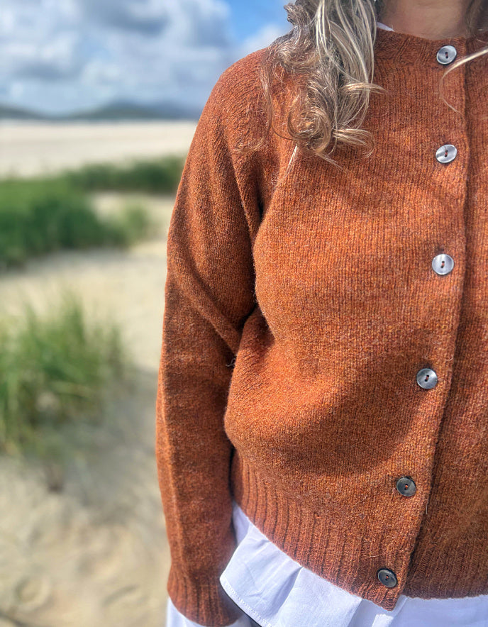 A close-up of a person wearing a textured rust-orange knit cardigan with silver buttons, standing outdoors on a sandy beach with blurred greenery and sky in the background.