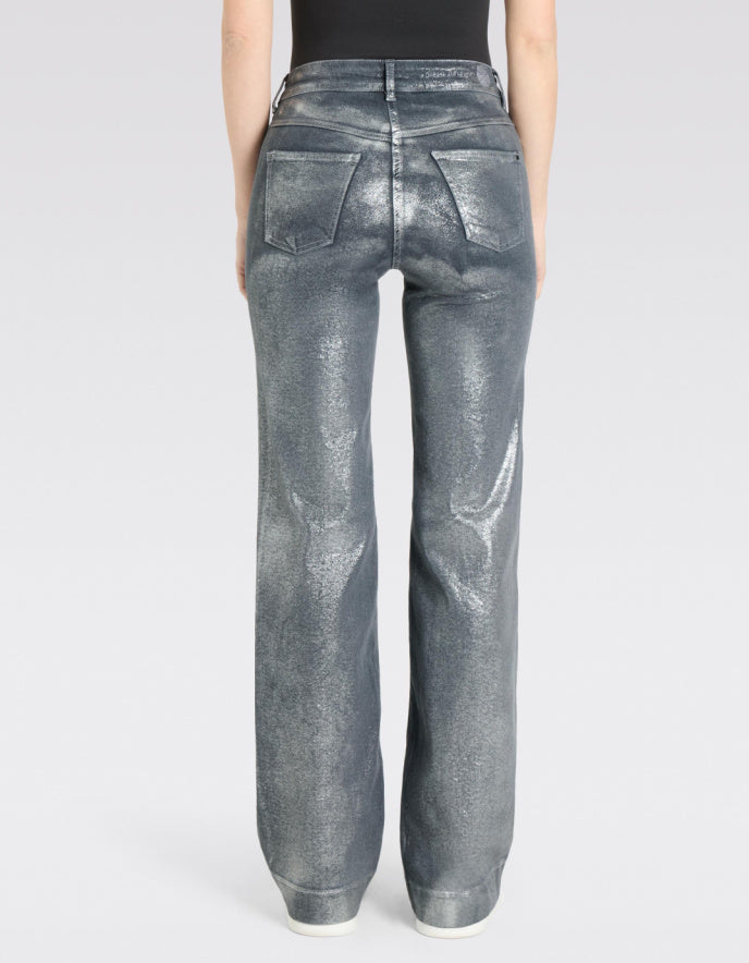 Silver metallic jeans on a white background