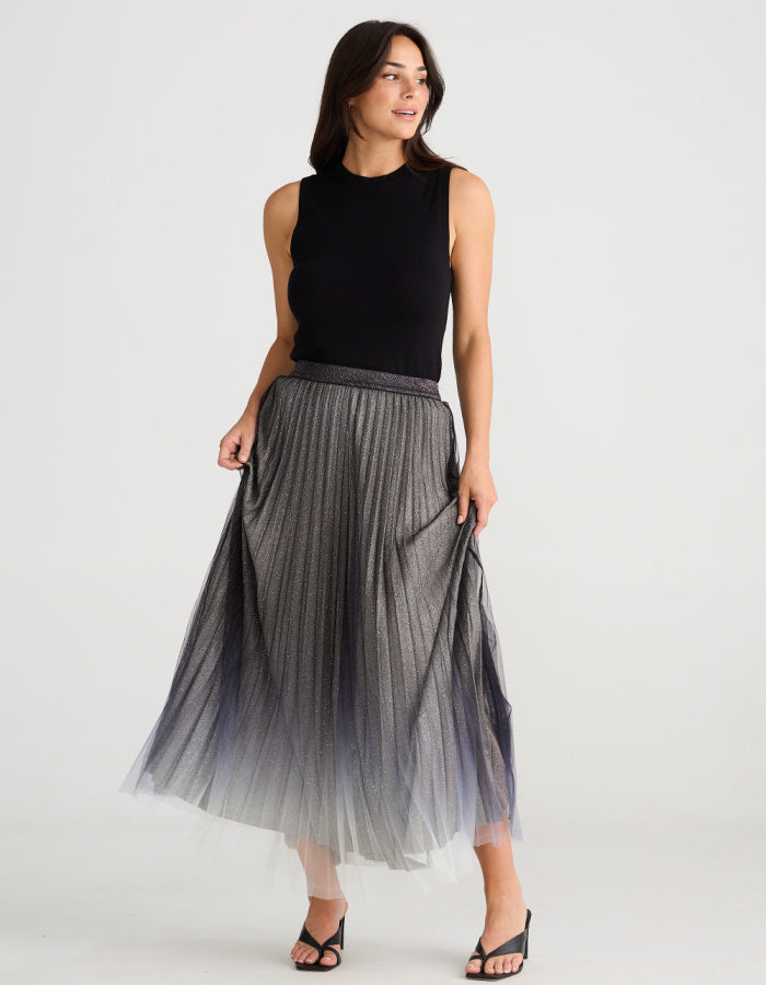 pleated metallic ombre silver midi length skirt with elasticated waist